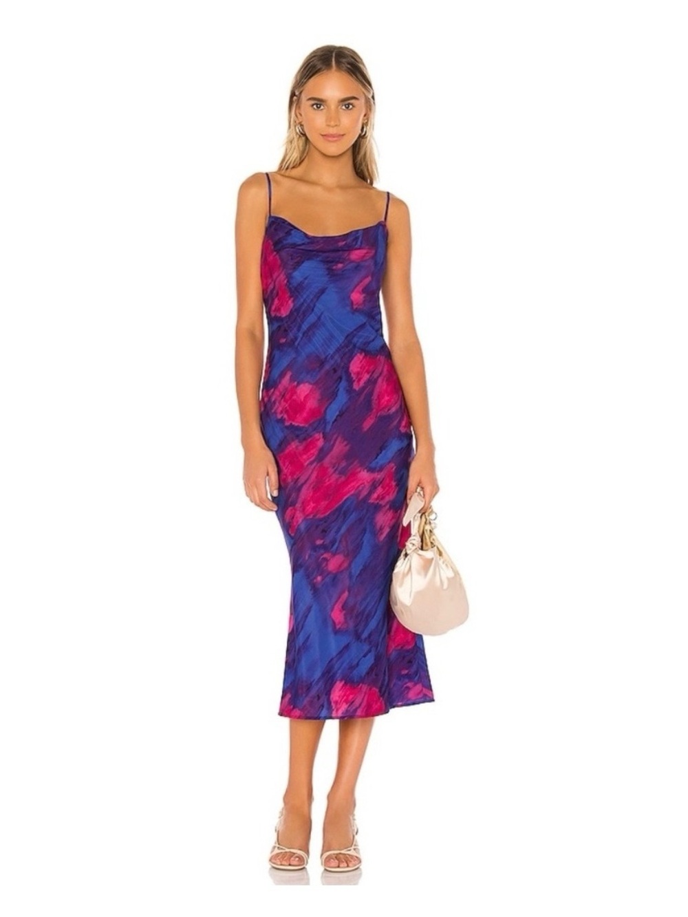 Majorelle Boston Blue Pink Watercolor Cowl Neck Midi Slip Dress Sz XS Summer